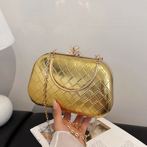 Elegante Damen Gewebte PU-Leder Abendtasche Mit Strassschloss Metallgriff Und Kettenriemen Für Hochzeitsfeiern