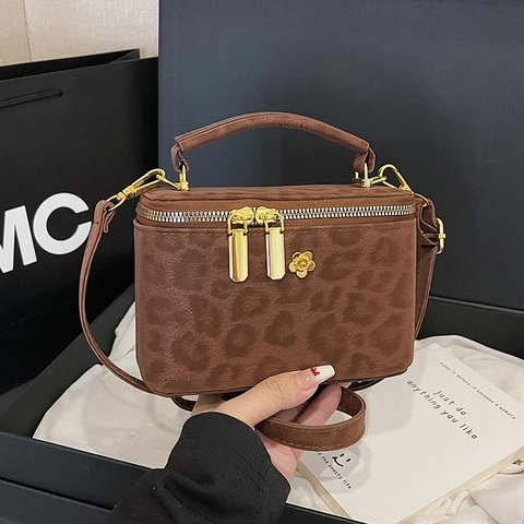 Leopard Muster Mini Box Handtasche PU Leder Gold Blume Dekor Schulter Umhängetasche Für Damen Trendig Elegant