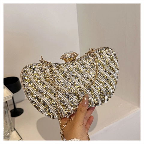 Luxury Rhinestone Evening Bag With Artificial Pearl Wave Pattern Circular Metal Grip Chain Strap Clutch For Wedding Party Formal