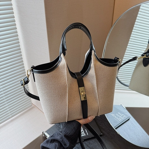 Borsa A Mano Tote Da Donna Tela Pelle PU Con Tasca Interna Chiusura Girevole In Metallo Borsa A Tracolla Stile Vintage