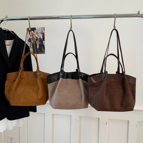 Borsa Tote Donna Retrò Grande Capacità Pelle PU Camoscio Patchwork Borsa A Spalla Ufficio Casual Elegante