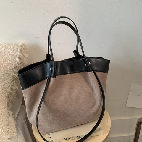 Borsa Tote Donna Retrò Grande Capacità Pelle PU Camoscio Patchwork Borsa A Spalla Ufficio Casual Elegante