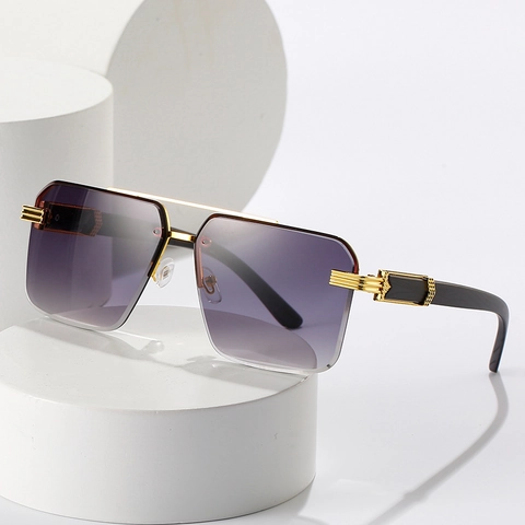 Rimless Square Sunglasses Metal Double Bridge Wood Grain Temples UV400 Protection Retro Fashion Eyewear For Men And Women