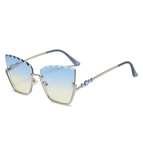 Occhiali Da Sole Cat Eye Montatura Metallo Lenti Sfumate Bordo Ondulato Decoro Strass Protezione UV400 Donna