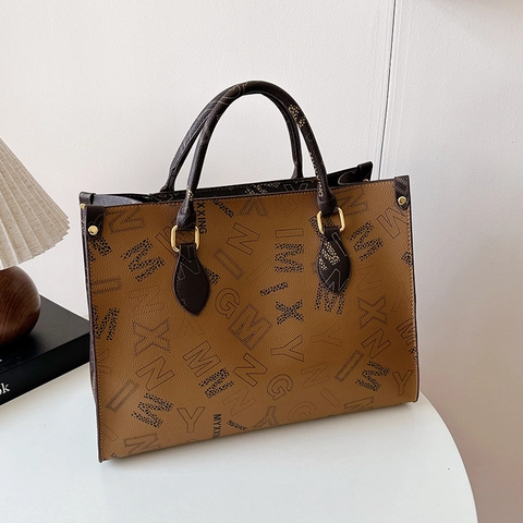 Damen Tote Bag Große Kapazität PU Leder Buchstaben Druck Pendler Handtasche Schultertasche Modisch Elegant Schick