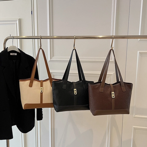 Borsa Tote In Pelle PU Intrecciata Di Grande Capacità Moda Contrasto Di Colore Serratura In Metallo Borsa A Spalla Donna