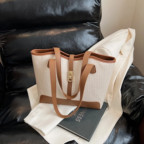 Bolso Tote De Cuero PU Tejido De Gran Capacidad Color En Contraste Con Cierre Metálico Para Mujer