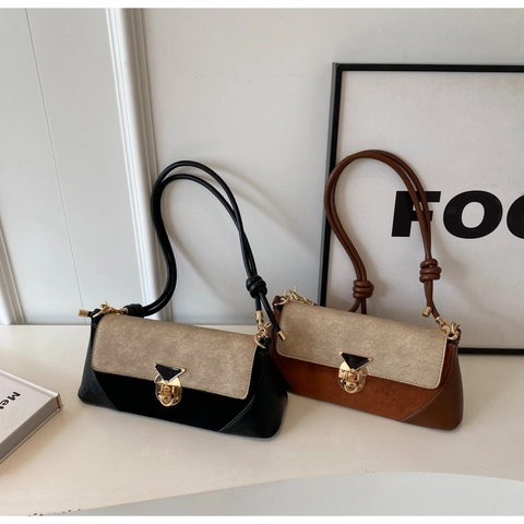 Bolso Baguette Vintage Para Mujer Bolso De Axila Cuero PU Gamuza Color En Contraste Hebilla Triangular Estilo Francés