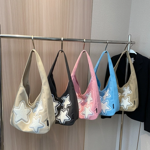 Borsa A Spalla Hobo In Tela Con Patch Stella Grande Capacità Applique Stelle Di Peluche Tote Casual Per Donna