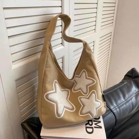 Borsa A Spalla Hobo In Tela Con Patch Stella Grande Capacità Applique Stelle Di Peluche Tote Casual Per Donna
