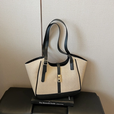 Contrast Stripe Woven Tote Bag PU Leather Large Capacity Shoulder Handbag For Women Retro Vacation Casual