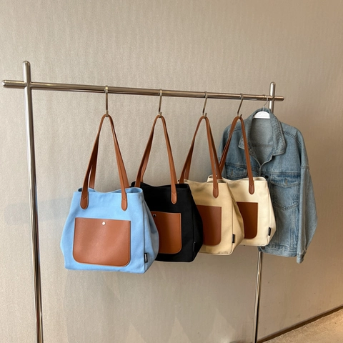 Große Kapazität Canvas Tote Bag Frauen Kontrast PU Leder Nähte Lässig Umhängetasche Pendeln Minimalistisch Handtasche