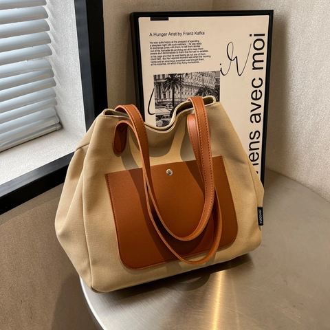 Große Kapazität Canvas Tote Bag Frauen Kontrast PU Leder Nähte Lässig Umhängetasche Pendeln Minimalistisch Handtasche