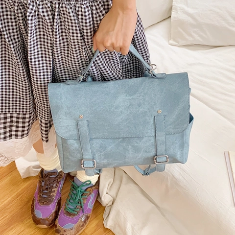Vintage Schulranzen Rucksack PU Leder Hellblau Multifunktionale Umhängetasche Casual Preppy Style Schulhandtasche Für Damen