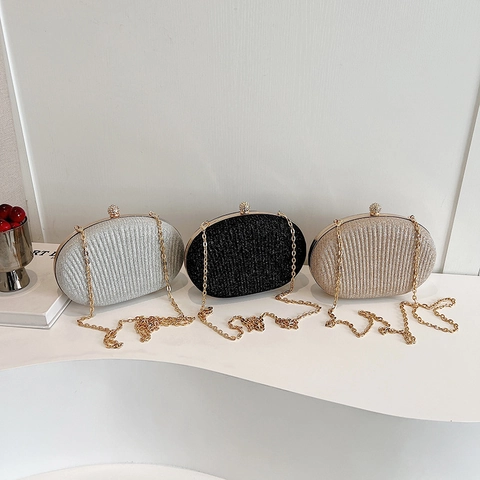 Pochette Da Sera Plissettata Con Glitter Chiusura A Sfera In Strass Tracolla A Catena In Metallo Da Donna Festa