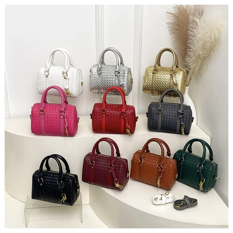 Sac Boston En Cuir PU Tissé Pour Femmes Sac À Main Tendance Avec Doubles Poignées Et Bandoulière Réglable