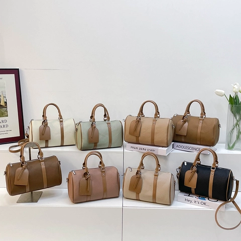 Retro Boston Bag Pebbled PU Leather Handbag Twin Handles Detachable Shoulder Strap Contrast Color Bowling Bag Women