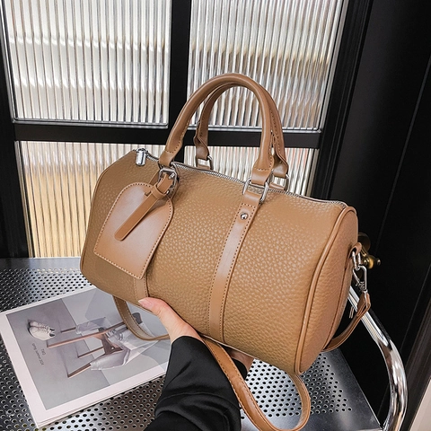 Retro Boston Bag Pebbled PU Leather Handbag Twin Handles Detachable Shoulder Strap Contrast Color Bowling Bag Women