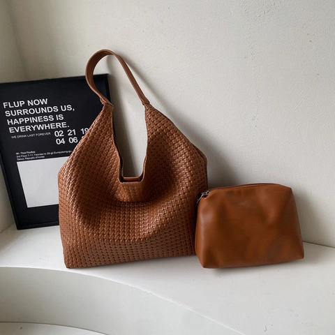 Gewebte Tragetasche PU Leder Große Kapazität Hobo Schulterhandtasche Mit Innentasche Retro Pendler Für Frauen