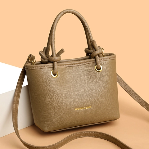 Women PU Leather Handbag Litchi Pattern Knot Handle Shoulder Crossbody Bag Gold Hardware Square Minimalist