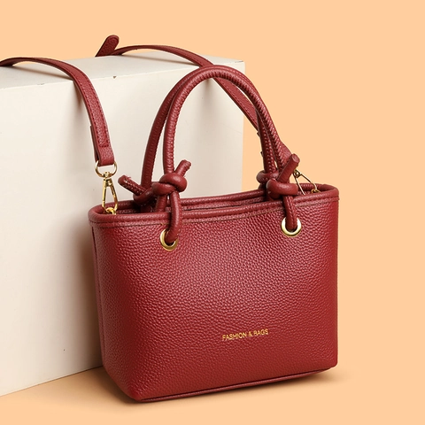 Women PU Leather Handbag Litchi Pattern Knot Handle Shoulder Crossbody Bag Gold Hardware Square Minimalist