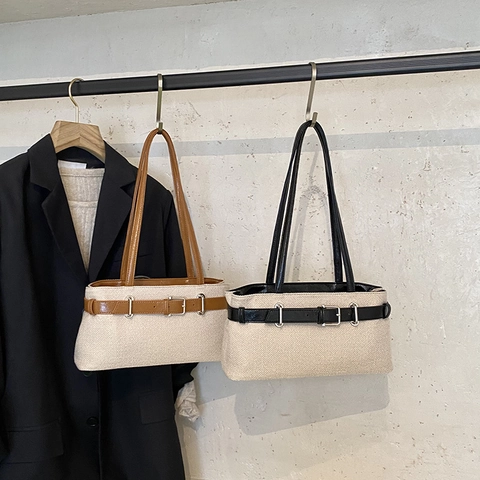 Women Retro Canvas Woven Underarm Bag PU Leather Belt Buckle Minimalist Contrast Color Shoulder Handbag