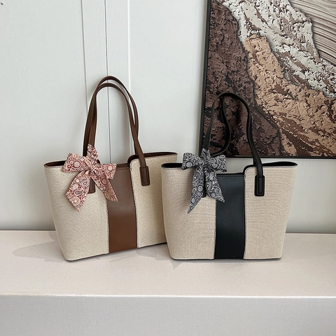 Große Kapazität Tragetasche Für Damen Canvas PU Leder Patchwork Minimalistisch Strand Urlaub Reise Handtasche Mit Schal Dekor