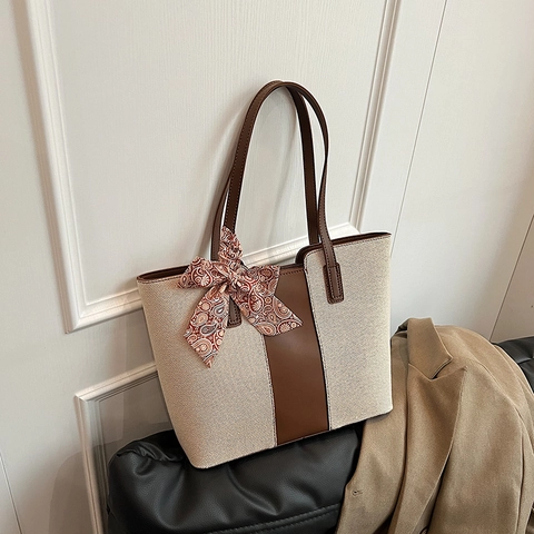 Große Kapazität Tragetasche Für Damen Canvas PU Leder Patchwork Minimalistisch Strand Urlaub Reise Handtasche Mit Schal Dekor