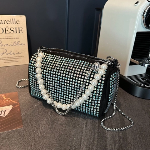 Borsa A Tracolla Cilindrica Con Strass Brillanti Con Manico Di Künstliche Perle Grandi E Catena In Metallo Elegante Borsa Da Sera Per Donna