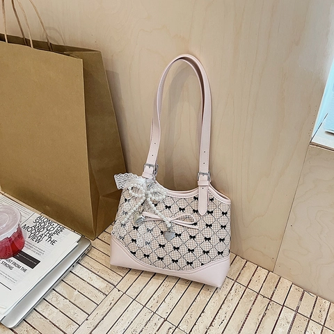 Bolso De Mano Vintage A Cuadros Cuero PU Costura Tela Estampado Lazo Bolso Axilar Con Colgante Encaje Perla Artificial Corazón