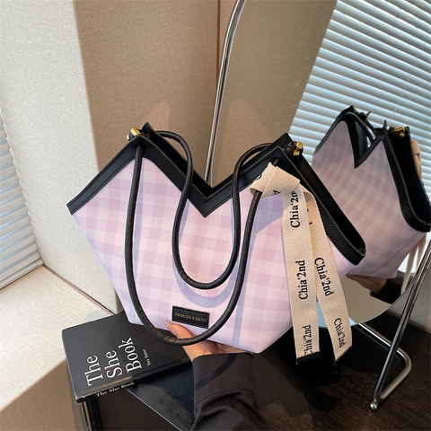 Borsa Tote Gingham Da Donna Grande Capacità Apertura A V Tela Borsa A Spalla Sottobraccio Con Nastro Moda