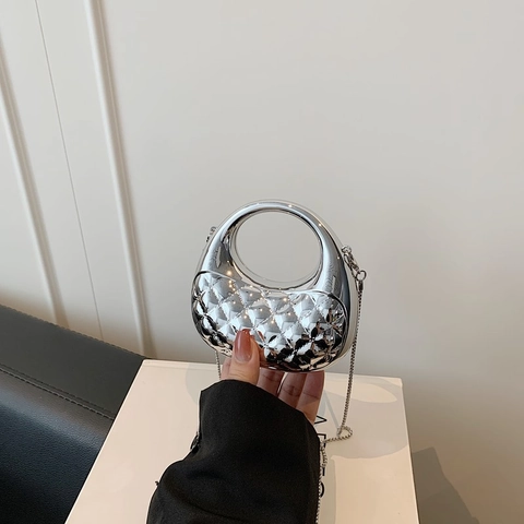 Mini Sac À Main De Soirée Matelassé PVC Métallique Brillant Poignée Ronde Chaîne Métal Bandoulière Pour Femme