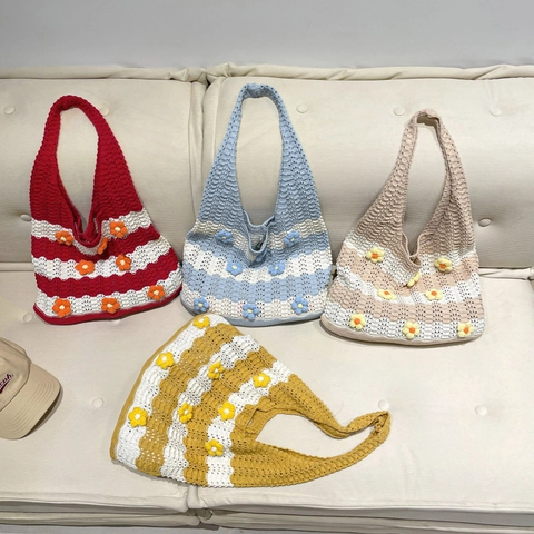 Crochet Tote Bag Knitted Flower Striped Handmade Bohemian Summer Beach Large Capacity Shoulder Handbag Women