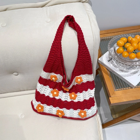 Crochet Tote Bag Knitted Flower Striped Handmade Bohemian Summer Beach Large Capacity Shoulder Handbag Women