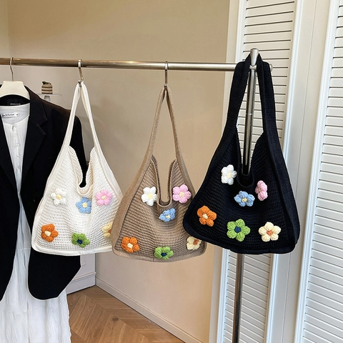 Knitted Crochet Tote Bag Colorful Floral Decor Handmade Hollow Out Shoulder Bag Summer Beach Casual Fashion Handbag