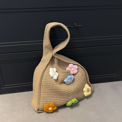 Knitted Crochet Tote Bag Colorful Floral Decor Handmade Hollow Out Shoulder Bag Summer Beach Casual Fashion Handbag