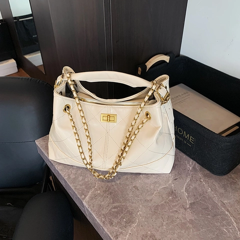 Gesteppte Hobo Tasche PU Leder Rautenmuster Goldene Kette Drehverschluss Große Kapazität Retro Schultertasche Damen