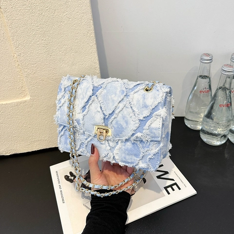 Rhombic Quilted Denim Crossbody Bag Frayed Edge Metal Chain Shoulder Strap Trendy Small Square Handbag For Women Casual