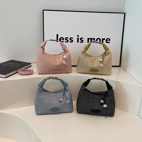 Woven Texture Hobo Bag For Women Minimalist PU Leather Trim Dumpling Shoulder Bag With Bead Charm Chic Summer Handbag