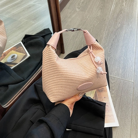 Woven Texture Hobo Bag For Women Minimalist PU Leather Trim Dumpling Shoulder Bag With Bead Charm Chic Summer Handbag