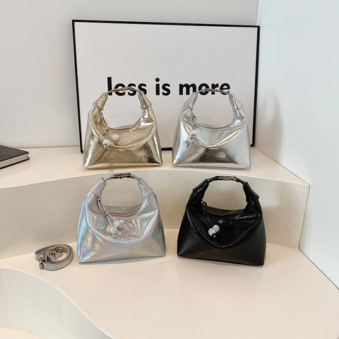 Borsa A Spalla Hobo Donna Pelle PU Metallizzata Forma Di Luna Borsa A Mano Con Ciondolo Perla Artificial Tracolla Regolabile Trendy