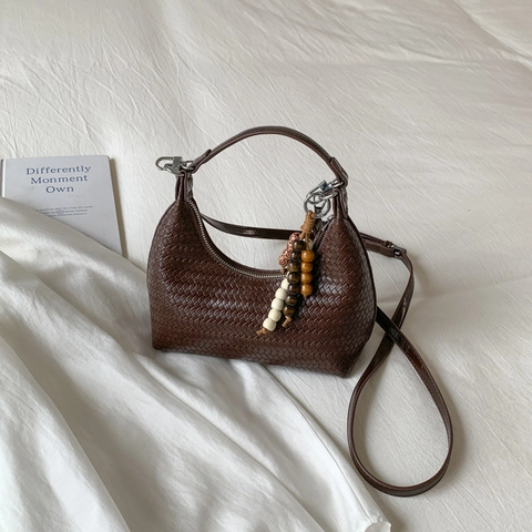 Woven Hobo Crossbody Bag PU Leather Vintage Half Moon Shoulder Bag With Wooden Bead Charm Urban Simple Women