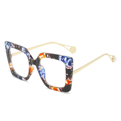 Gafas De Marco Cuadrado Grande Para Mujer Anti Luz Azul PC Patillas De Metal Dorado Acento De Perla Artificial Retro Decorativas