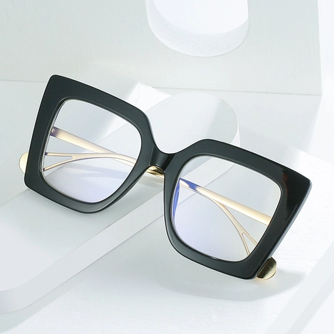 Gafas De Marco Cuadrado Grande Para Mujer Anti Luz Azul PC Patillas De Metal Dorado Acento De Perla Artificial Retro Decorativas