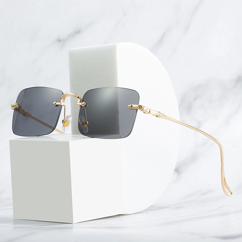 Lunettes De Soleil Rectangulaires Sans Monture Mode Métal Branches Gravées UV400 Verres Dégradés Luxe Rétro Femmes Hommes