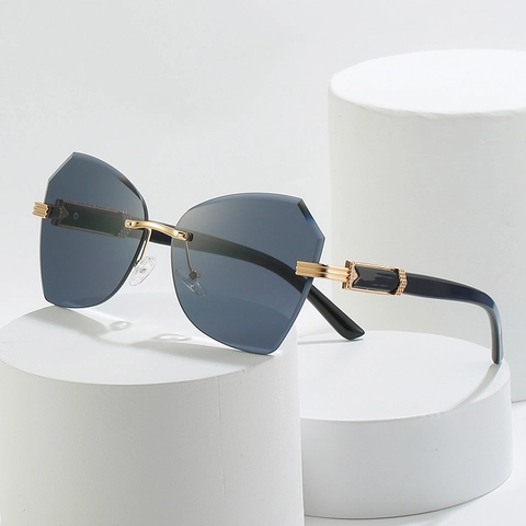 Women Rimless Polygonal Sunglasses Cut Edge UV Protection PC Lens Metal Frame Trendy Retro Oversized Eyewear Shades