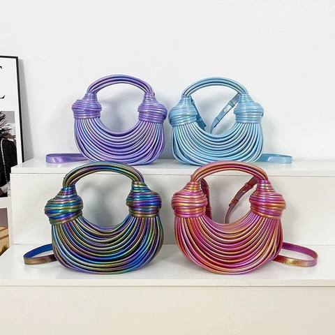 Schillernde Metallic Gewebte Knot Abendtasche PU Leder Handtasche Umhängetasche Mode Trendy Damen