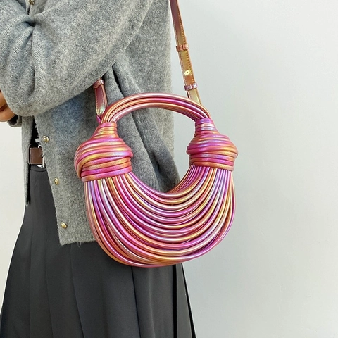 Schillernde Metallic Gewebte Knot Abendtasche PU Leder Handtasche Umhängetasche Mode Trendy Damen