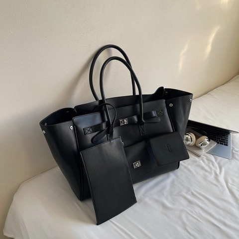 Bolso Tote Grande De Cuero PU Mujer Moda Bolso De Hombro Con Bolsa Pequeña Hebilla Plateada Múltiples Bolsillos Retro