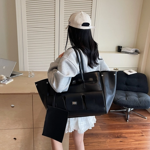 Bolso Tote Grande De Cuero PU Mujer Moda Bolso De Hombro Con Bolsa Pequeña Hebilla Plateada Múltiples Bolsillos Retro